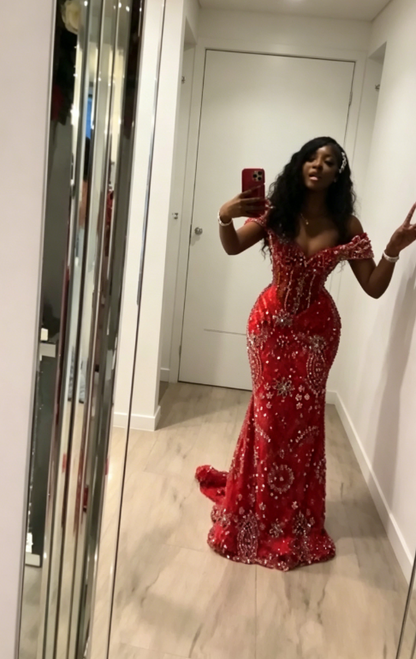 Elegant Red Prom Dress Off-shoulder Mermaid Tulle Beaded Long Evening Dress DP05885