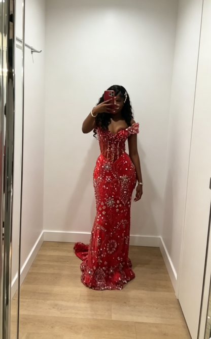 Elegant Red Prom Dress Off-shoulder Mermaid Tulle Beaded Long Evening Dress DP05885