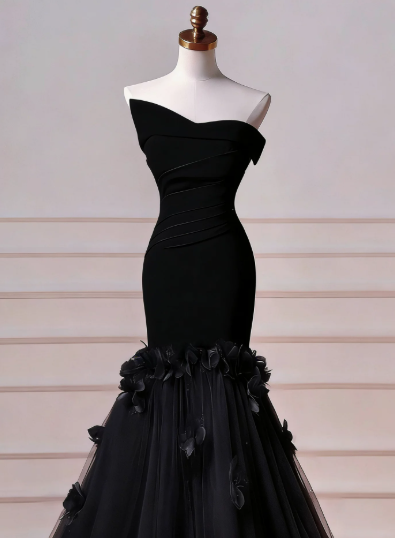 Elegant Black Prom Dress Strapless Sheath Tulle Long Evening Dress DP05887