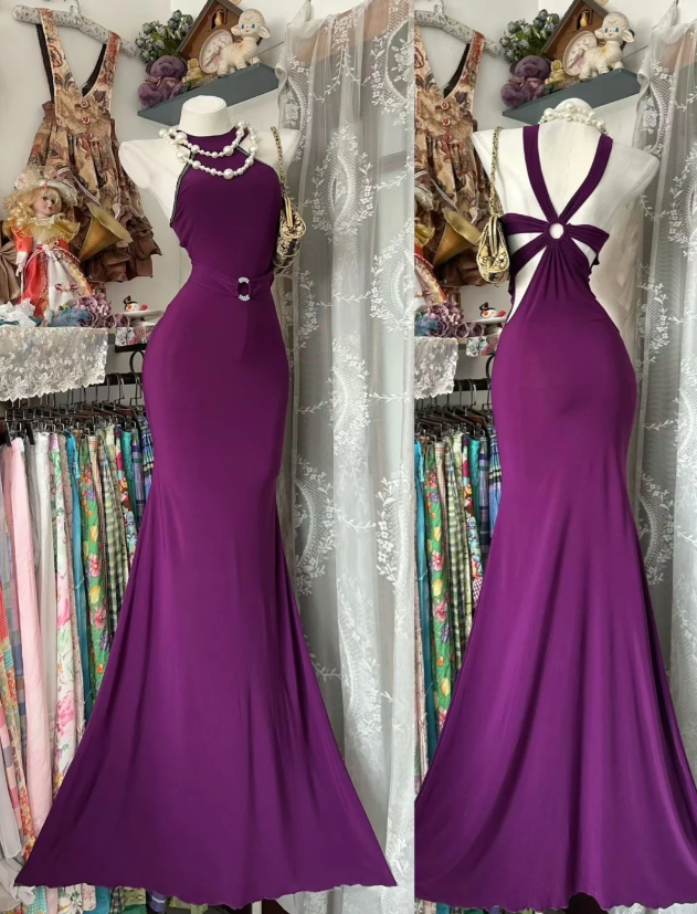 Elegant Purple Prom Dress Halter Sheath Chiffon Long Evening Dress DP05888