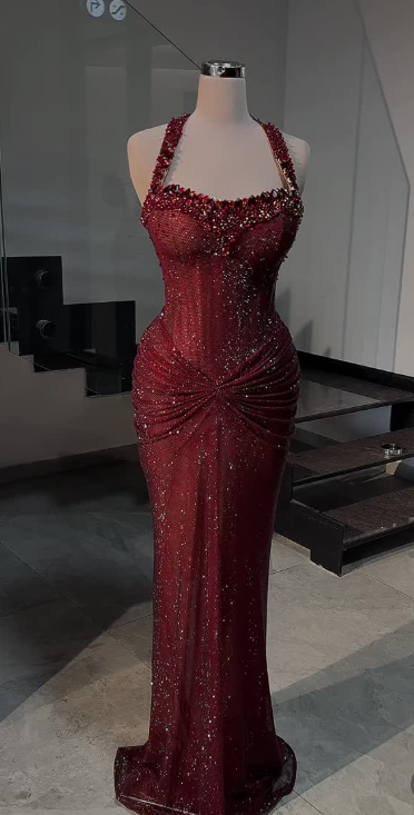 Elegant Burgundy Prom Dress Halter Sheath Tulle Beaded Long Evening Dress DP05889