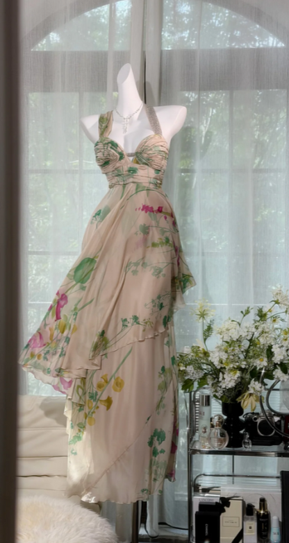 Elegant Floral Prom Dress Halter Sheath Chiffon Long Evening Dress DP05890