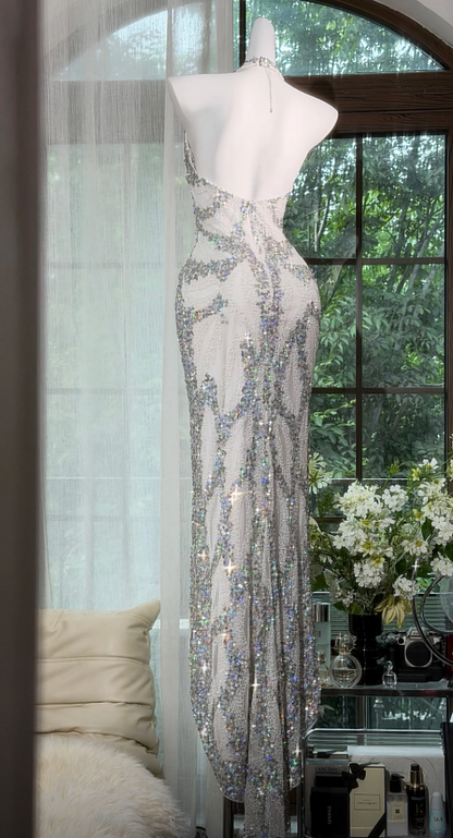 Elegant Silver Prom Dress Halter Sheath Sequins Chiffon Long Evening Dress DP05891