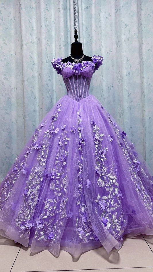 Cute Purple Quinceanera Dress Off-shoulder Ball Gown Applique Tulle Sweet 16 Dress DP05906