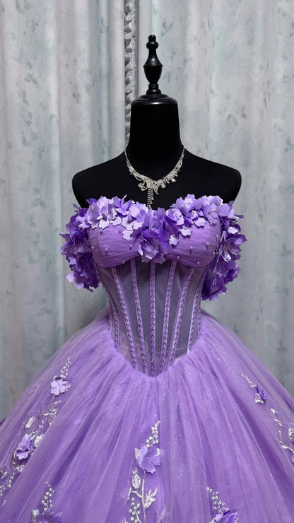 Cute Purple Quinceanera Dress Off-shoulder Ball Gown Applique Tulle Sweet 16 Dress DP05906