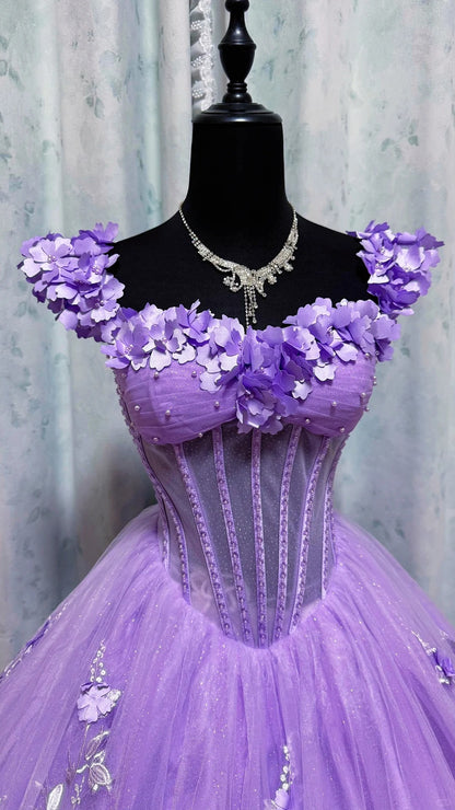 Cute Purple Quinceanera Dress Off-shoulder Ball Gown Applique Tulle Sweet 16 Dress DP05906