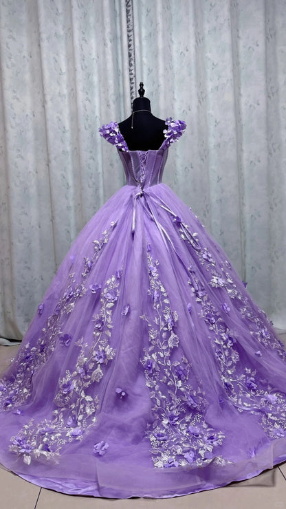 Cute Purple Quinceanera Dress Off-shoulder Ball Gown Applique Tulle Sweet 16 Dress DP05906