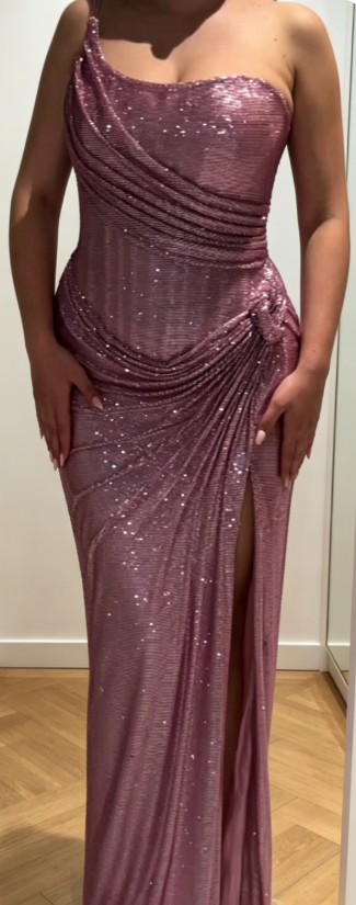 Elegant Strapless Sheath Sequins Chiffon Long Evening Dress Pink Prom Dress DP05916