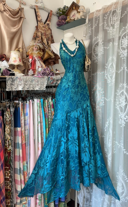 Elegant Halter Sheath Floral Chiffon Long Evening Dress Blue Prom Dress DP05917