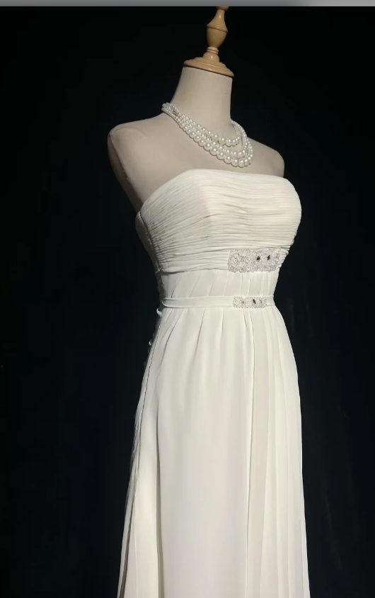 Elegant Strapless Sheath Chiffon Long Evening Dress White Prom Dress DP05920
