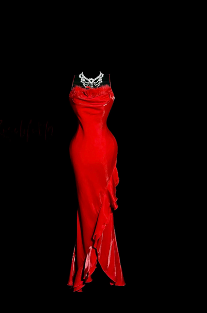 Elegant Strapless Sheath Satin Long Evening Dress Red Prom Dress DP05921