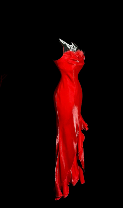 Elegant Strapless Sheath Satin Long Evening Dress Red Prom Dress DP05921