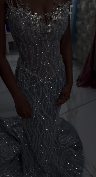 Elegant Sweetheart Mermaid Prom Dress Tulle Beaded Long Evening Dress Sliver Birthday Dress DP05924