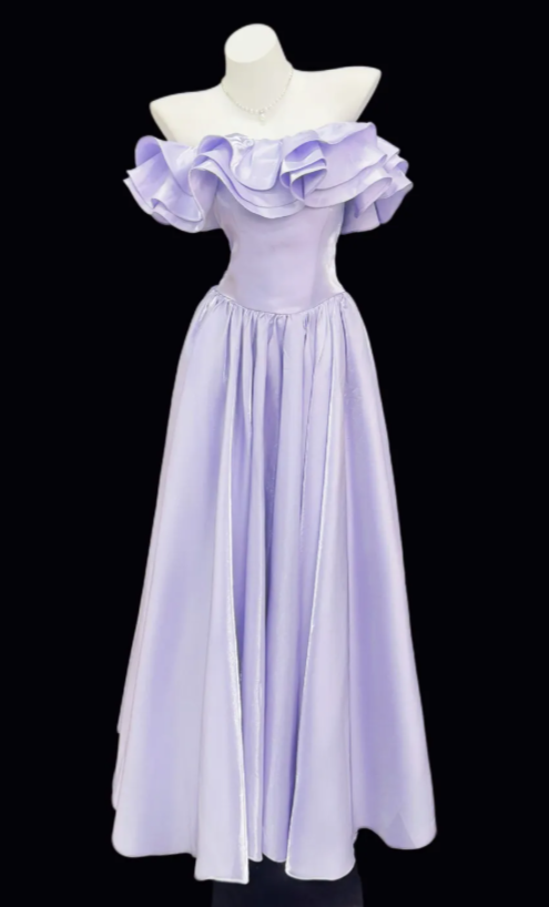 Sweet Off-shoulder A-Line Prom Dress Satin Long Evening Dress Lavender Birthday Dress DP05925