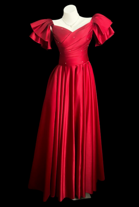 Sweet V-neck A-Line Prom Satin Long Evening Dress Burgundy Birthday Dress DP05926
