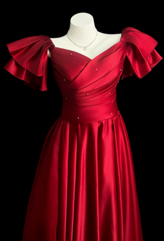 Sweet V-neck A-Line Prom Satin Long Evening Dress Burgundy Birthday Dress DP05926