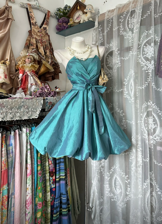 Chic Teal Short Party Outfit Strapless A-Line Satin Birthday Dress DP05949
