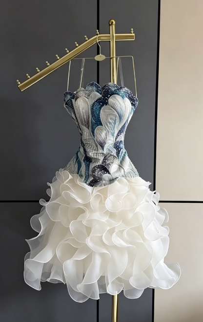 Chic Blue Short Party Outfit Strapless A-Line Chiffon Birthday Dress DP05953