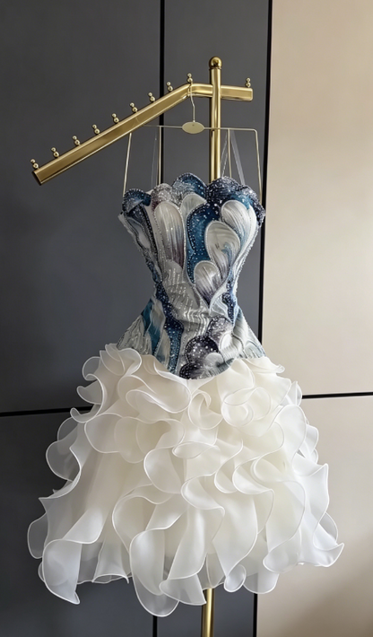 Chic Blue Short Party Outfit Strapless A-Line Chiffon Birthday Dress DP05953