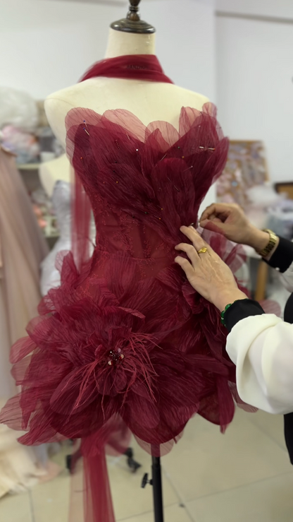 Cute Maroon Summer Party Outfit Sweetheart Sheath Tulle Birthday Dress Sleeveless Homecoming Dress DP05961