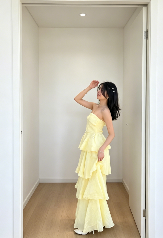 Chic Yellow Evening Dress Strapless Prom Dress Sheath Chiffon Birthday Dress  DP05970