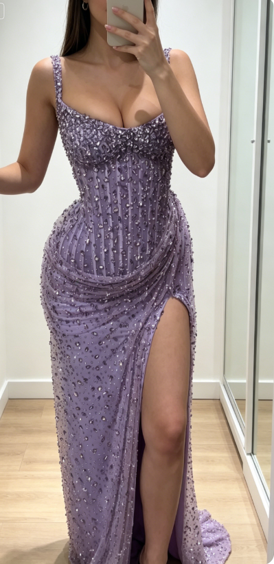 Chic Purple Evening Dress Straps Sheath Tulle Beaded Prom Dress  DP05972