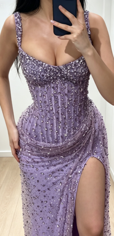 Chic Purple Evening Dress Straps Sheath Tulle Beaded Prom Dress  DP05972