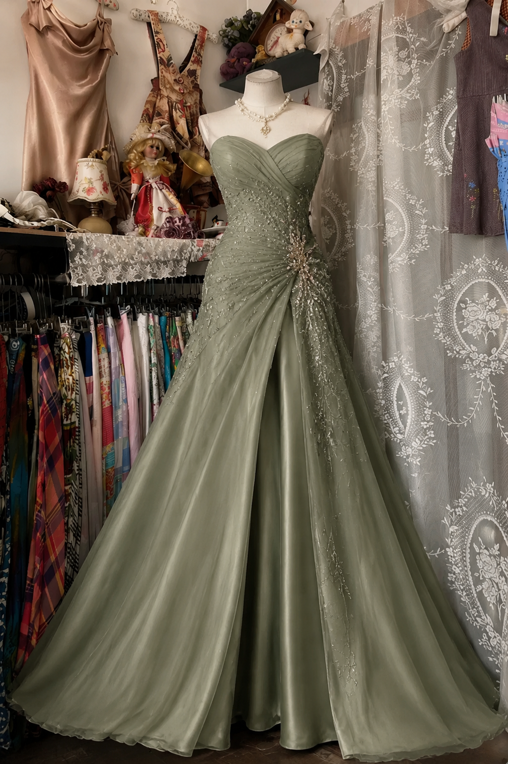 Chic Sage Evening Dress Sweetheart Sheath Chiffon Prom Dress DP05975