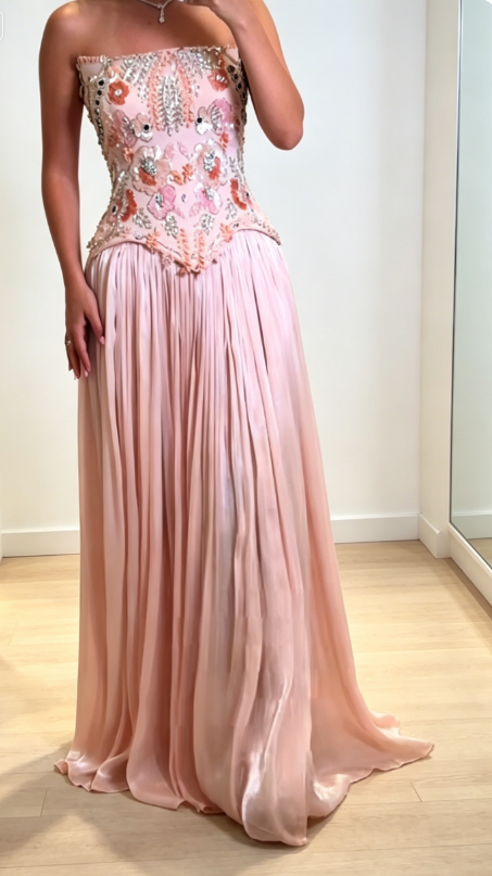 Chic Pink Evening Dress Strapless Sheath Chiffon Prom Dress  DP05976