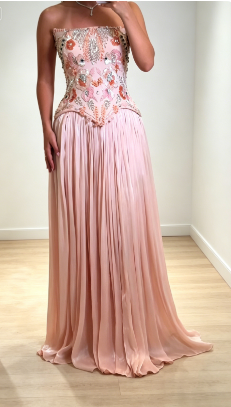 Chic Pink Evening Dress Strapless Sheath Chiffon Prom Dress  DP05976