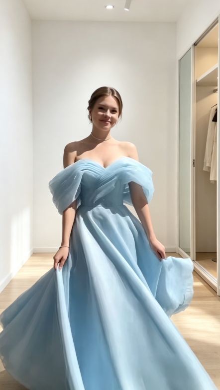 Chic Blue Evening Dress Off-shoulder A-Line Chiffon Long Prom Dress DP05977