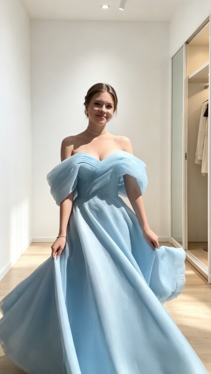 Chic Blue Evening Dress Off-shoulder A-Line Chiffon Long Prom Dress DP05977