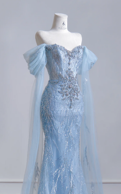 Chic Blue Evening Dress Off-shoulder Sheath Tulle Long Prom Dress  DP05978