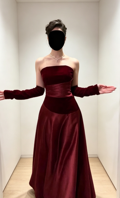 Chic Burgundy Evening Dress Strapless A-Line Satin Long Prom Dress DP05979