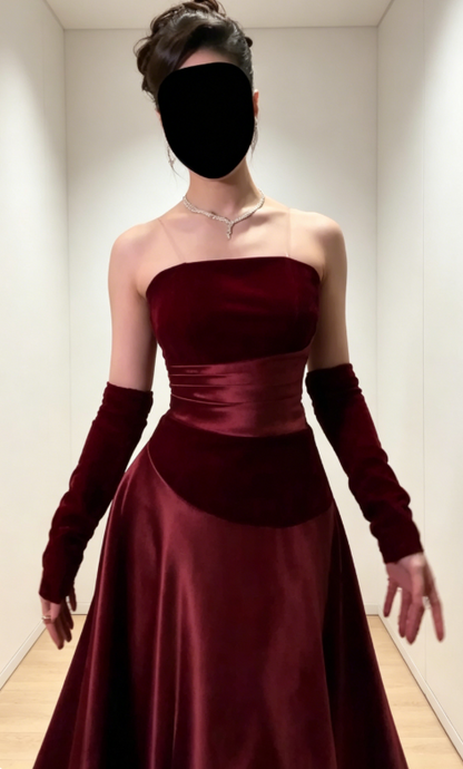 Chic Burgundy Evening Dress Strapless A-Line Satin Long Prom Dress DP05979
