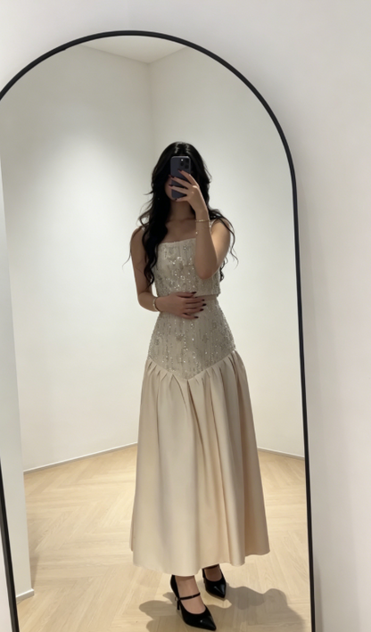 Chic Ivory Evening Dress Straps Sheath Beaded Satin Long Prom Dress  DP05980