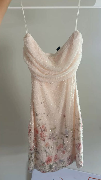 Vintage Pink Hoco Dress Strapless Birthday Dress Sheath Chiffon Beaded Party Dress DP05986