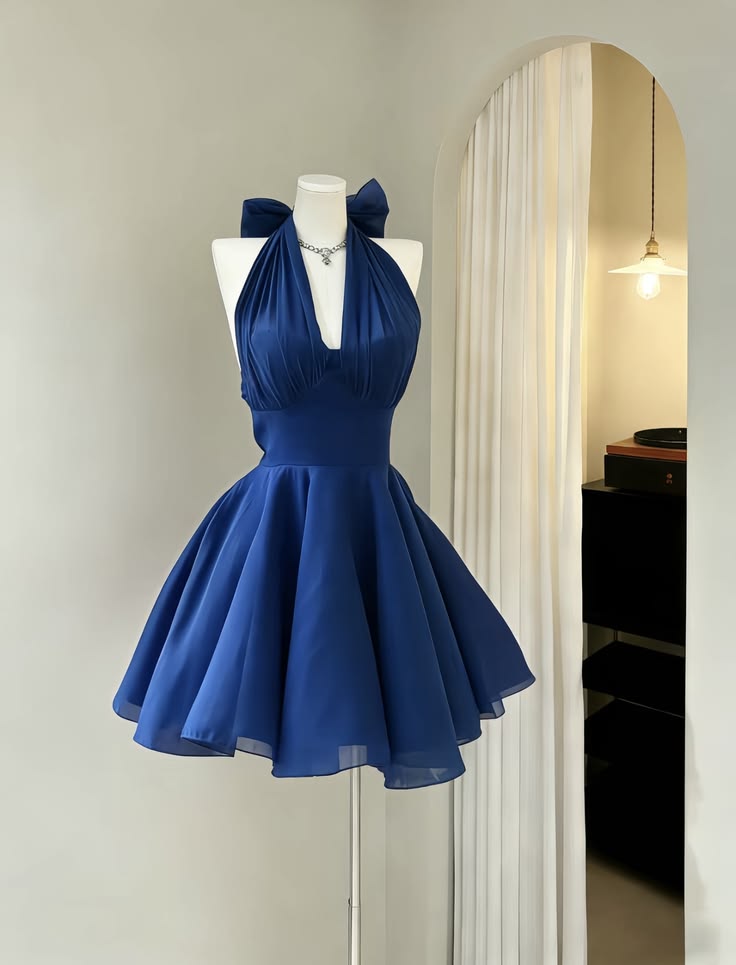 Sexy Blue Hoco  Dress Halter A-Line Birthday Dress Chiffon Graduation Party Dress DP05995