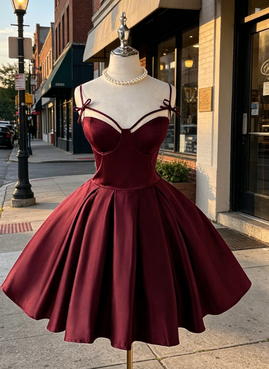 Sexy Burgundy Hoco Dress Spaghetti Straps A-Line Birthday Dress Satin Graduation Party Dress DP06007