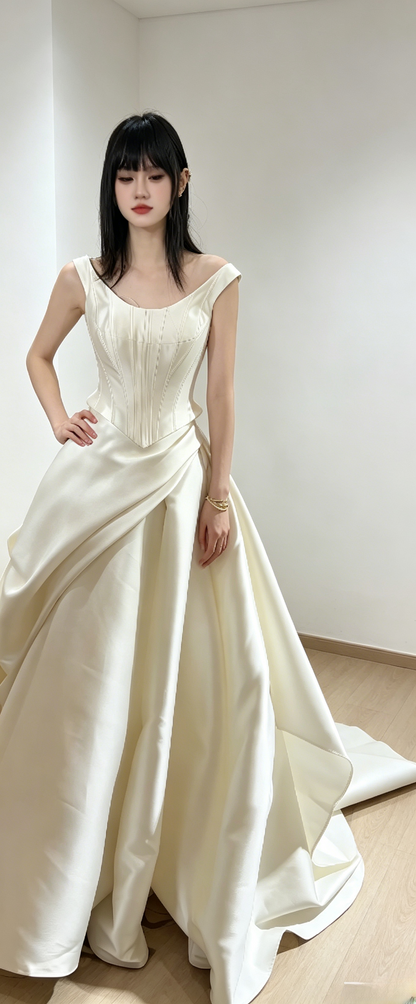 Elegant Champagne Wedding Dress Straps A-Line Bridal Dress Satin Bridal Gown DP06011