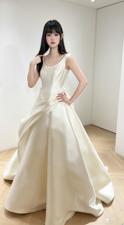 Elegant Champagne Wedding Dress Straps A-Line Bridal Dress Satin Bridal Gown DP06011