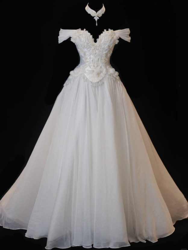 Chic White Wedding Dress Off-shoulder Sheath Bridal Dress Tulle Bridal Gown DP06018