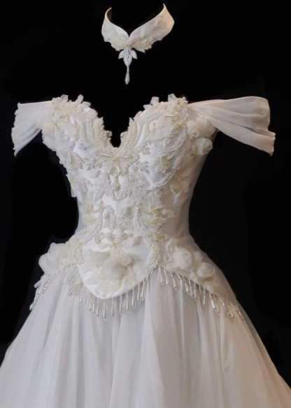 Chic White Wedding Dress Off-shoulder Sheath Bridal Dress Tulle Bridal Gown DP06018
