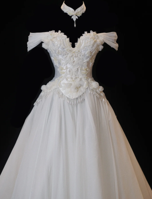 Chic White Wedding Dress Off-shoulder Sheath Bridal Dress Tulle Bridal Gown DP06018