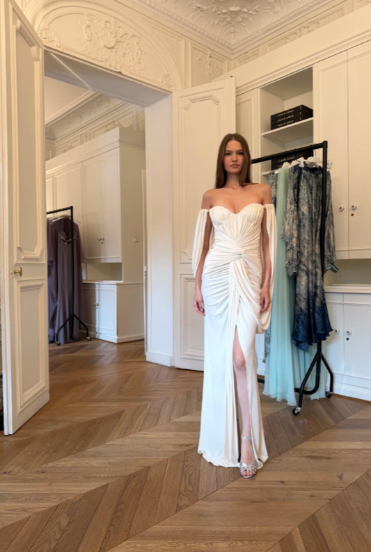 Chic White Wedding Dress Off-shoulder Sheath Bridal Dress Chiffon Bridal Gown DP06019