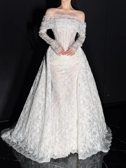 Chic White Wedding Dress Off-shoulder Sheath Bridal Dress Lace Bridal Gown DP06020
