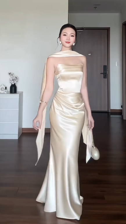 Chic Champagne Wedding Guest Dress Strapless Sheath Satin Long Evening Dress DP06031