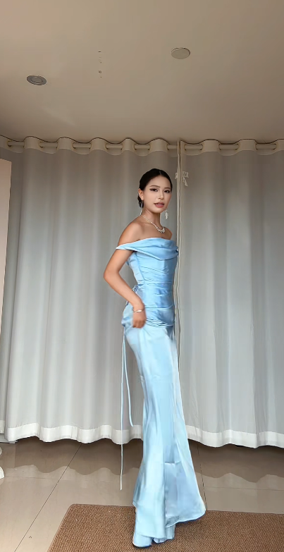 Chic Blue Wedding Guest Dress One-shoulder Sheath Satin Long Evening Dress DP06032