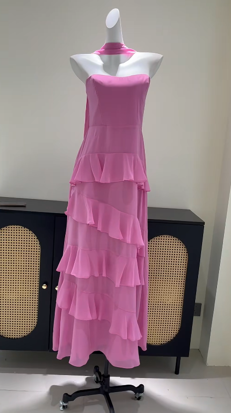 Chic Pink Wedding Guest Dress Strapless Sheath Chiffon Long Evening Dress DP06033