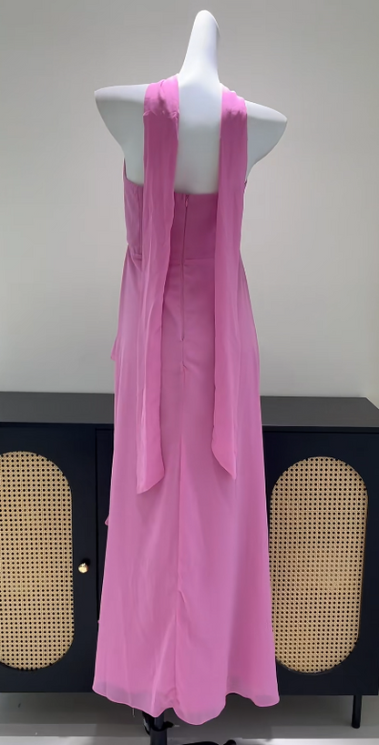 Chic Pink Wedding Guest Dress Strapless Sheath Chiffon Long Evening Dress DP06033